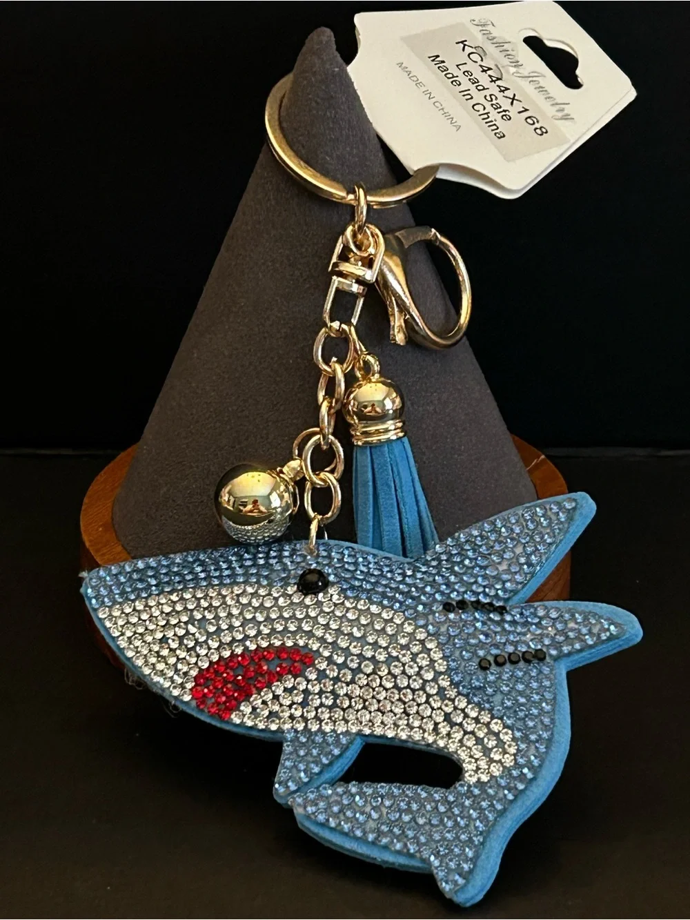 PREMIUM Puffy Blue Crystal Shark Keychain Bag Charm w/ Gold Hardware & Tassel